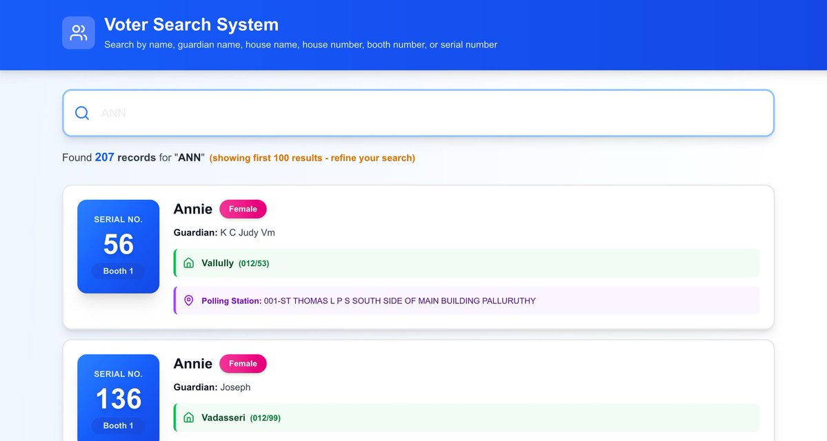 Day 491/999: I vibe coded a Voter Checker website!

The Kerala government <a href="/ECISVEEP/">Election Commission of India</a> website was laggy and not user-friendly (it kept going down frequently).

So I just built my own version and deployed it.

Gonna use it tomorrow, hope it helps us.

TL;DR: Politics is no joke.
