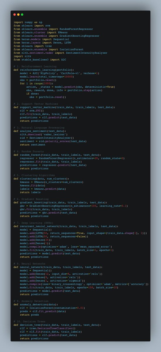 pyquantnews's tweet image. Myth:

AI bots are taking over the markets.

Truth:

Most shops still run Excel &apos;97.

Some shops using machine learning.

10 ways to use machine learning in trading (with the Python library):