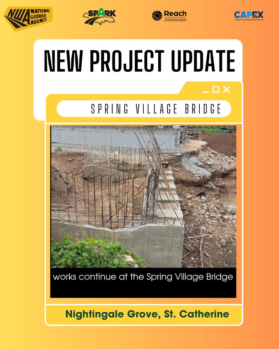 The Spring Village Bridge project in St. Catherine is full steam ahead 🏗🚧

The south abutment (the part of the bridge that transfers the load from the bridge to the ground,  for stability) is now reinforced and ready for the installation of forms to support the bridge's deck ⚒️