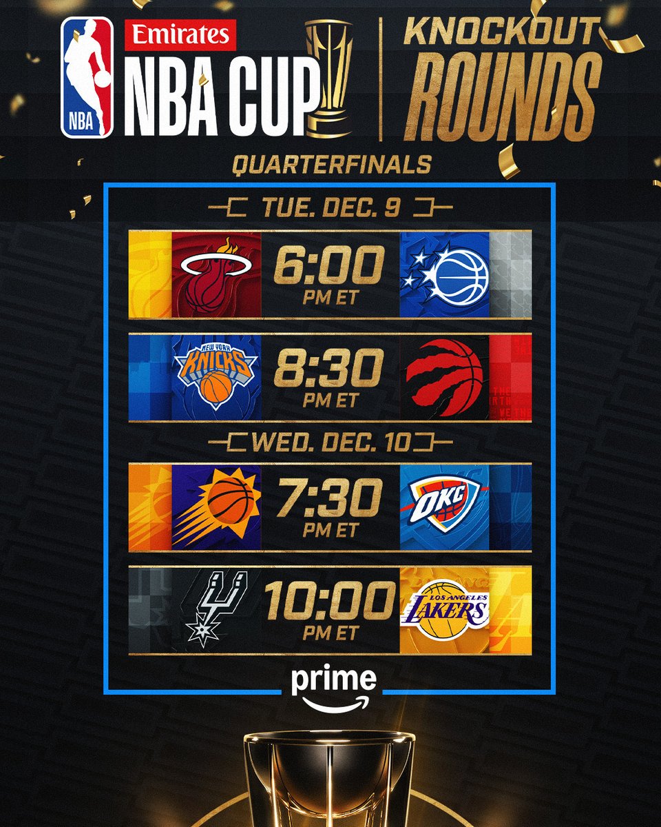 The @emirates NBA Cup Quarterfinals get underway tomorrow night 🏆

Tuesday, 12/9
6:00pm/et: Heat/Magic
8:30pm/et: Knicks/Raptors

Wednesday, 12/10
7:30pm/et: Suns/Thunder
10:00pm/et: Spurs/Lakers

Watch all the Knockout Rounds action on Prime! 