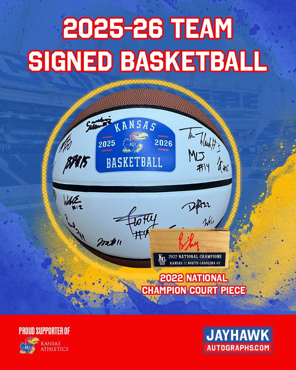 Just dropped! The 2025–26 Kansas Men’s Team-Signed Basketball, plus a FREE piece of the 2022 National Championship court, signed by Coach Bill Self. 🔥

Product comes with a Certificate of Authenticity. Grab it today: jayhawkautographs.com/product/2025-2…