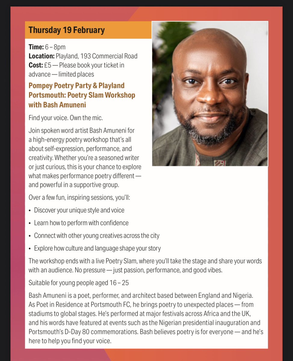 Running a spoken word workshop <a href="/PompeyBookFest/">Portsmouth BookFest</a> in February,2026. Book a ticket to explore how language and culture your story. I can’t wait to meet you!