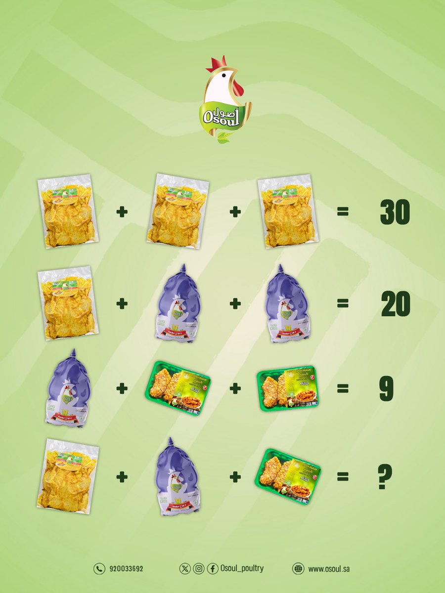 جاهزين؟ 🔥
احسبوا الناتج الأخير… وشاركوا جوابكم تحت.

#مسابقة #لغز #دواجن_أصول