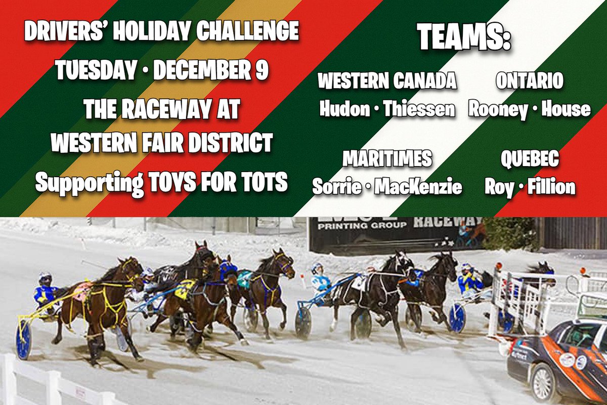 COSATV's tweet image. 🎄🔥 The Drivers’ Holiday Challenge goes NATIONAL this Tue, Dec 9 at Western Fair! Four regional teams battling for bragging rights + Toys for Tots! First post 5:50 p.m. Don’t miss it! 🐎🎁