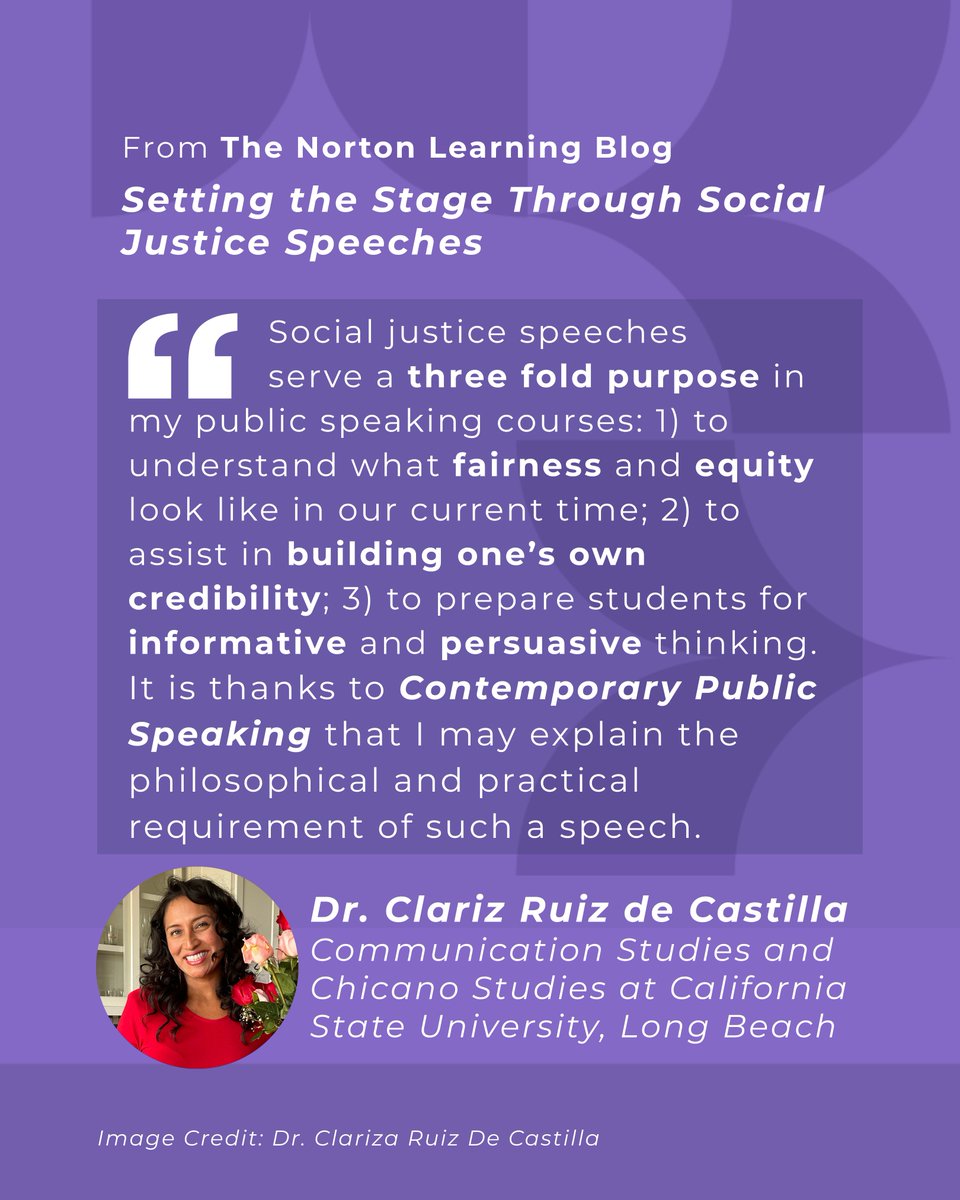 WWN_Comm's tweet photo. NEW on the Norton Learning Blog: Dr. Clariza Ruiz de Castilla discusses how she uses Contemporary Public Speaking to bolster students' social justice communications skills. Read more here: https://t.co/Uz1t5s5jnH https://t.co/fhmp1UFXfh