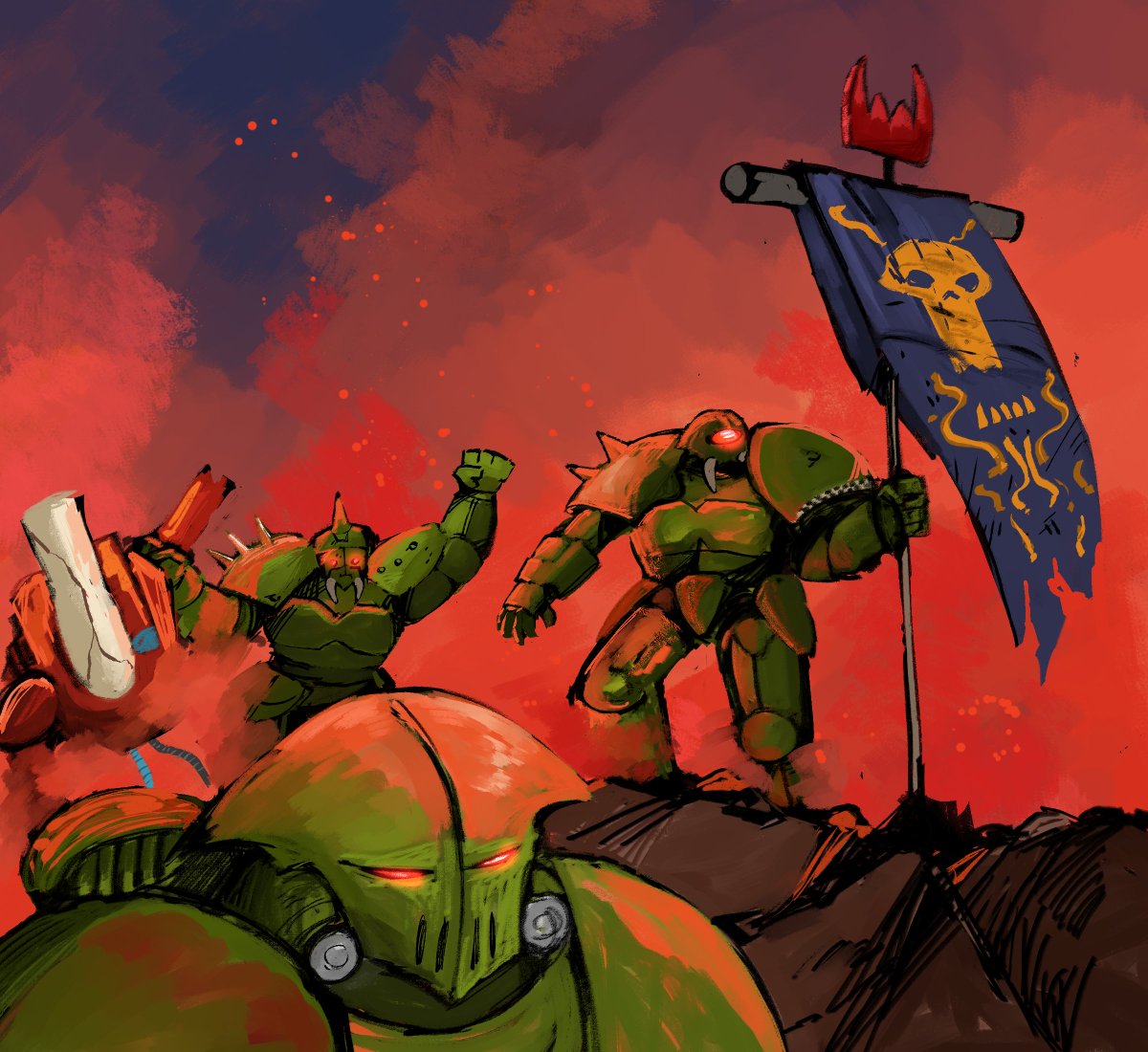 The second artwork from the 2024 Art Drive is by <a href="/dj_b3n1/">beni ✏️ comms: open!</a> and depicts some triumphant Krorks ft. a Wraithlord having the worst day of his life!

(at this rate I will NEVER beat the anti-Eldar allegations 😮‍💨)