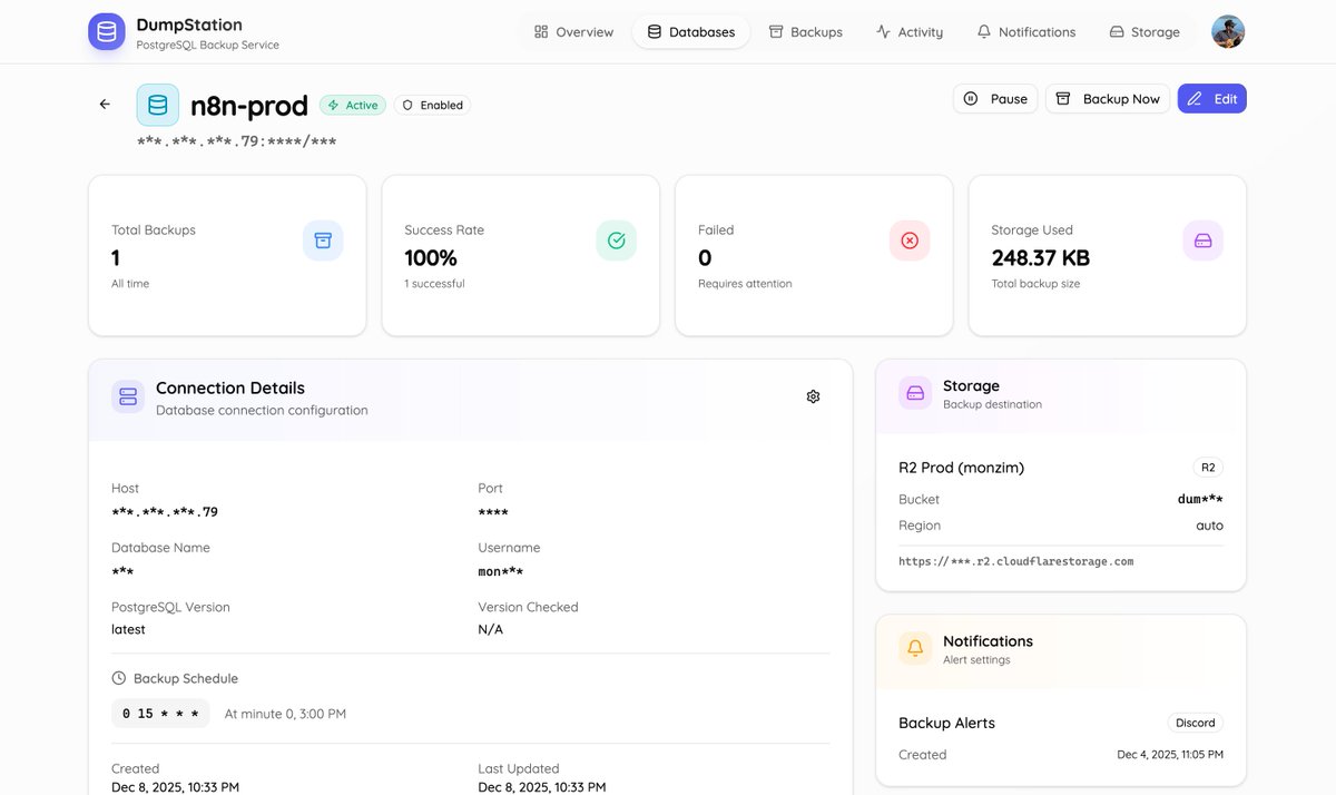 _monzim's tweet image. Managing backups across many #PostgreSQL projects became a headache, so I built my own solution simple, secure and customizable. 
#Go based worker (PG 12–17), frontend with TanStack Start, storage on Cloudflare R2, deployed via Docker + CF Workers. dumpstation.monzim.com #DevOps