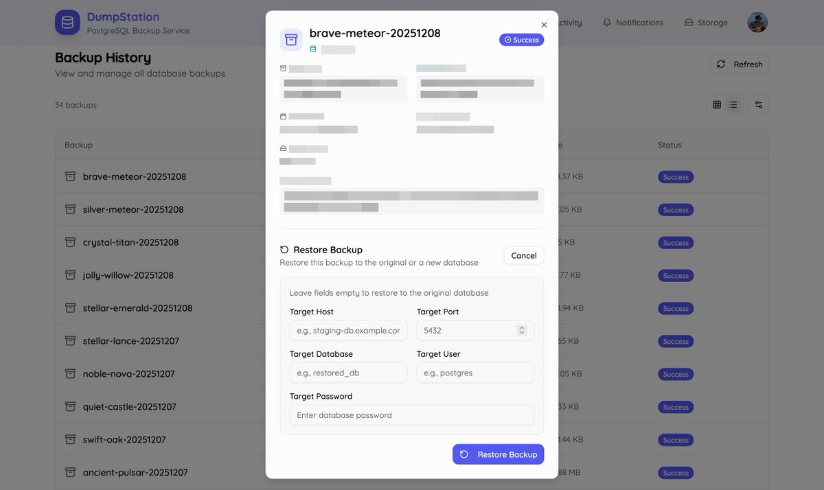 _monzim's tweet image. Managing backups across many #PostgreSQL projects became a headache, so I built my own solution simple, secure and customizable. 
#Go based worker (PG 12–17), frontend with TanStack Start, storage on Cloudflare R2, deployed via Docker + CF Workers. dumpstation.monzim.com #DevOps