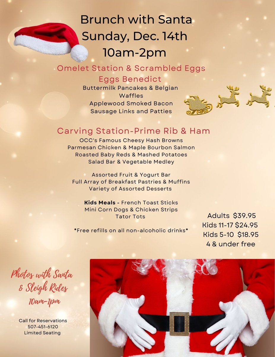 Santa will be at the OCC this Sunday, December 14th.
Make reservations now for the Brunch with Santa.