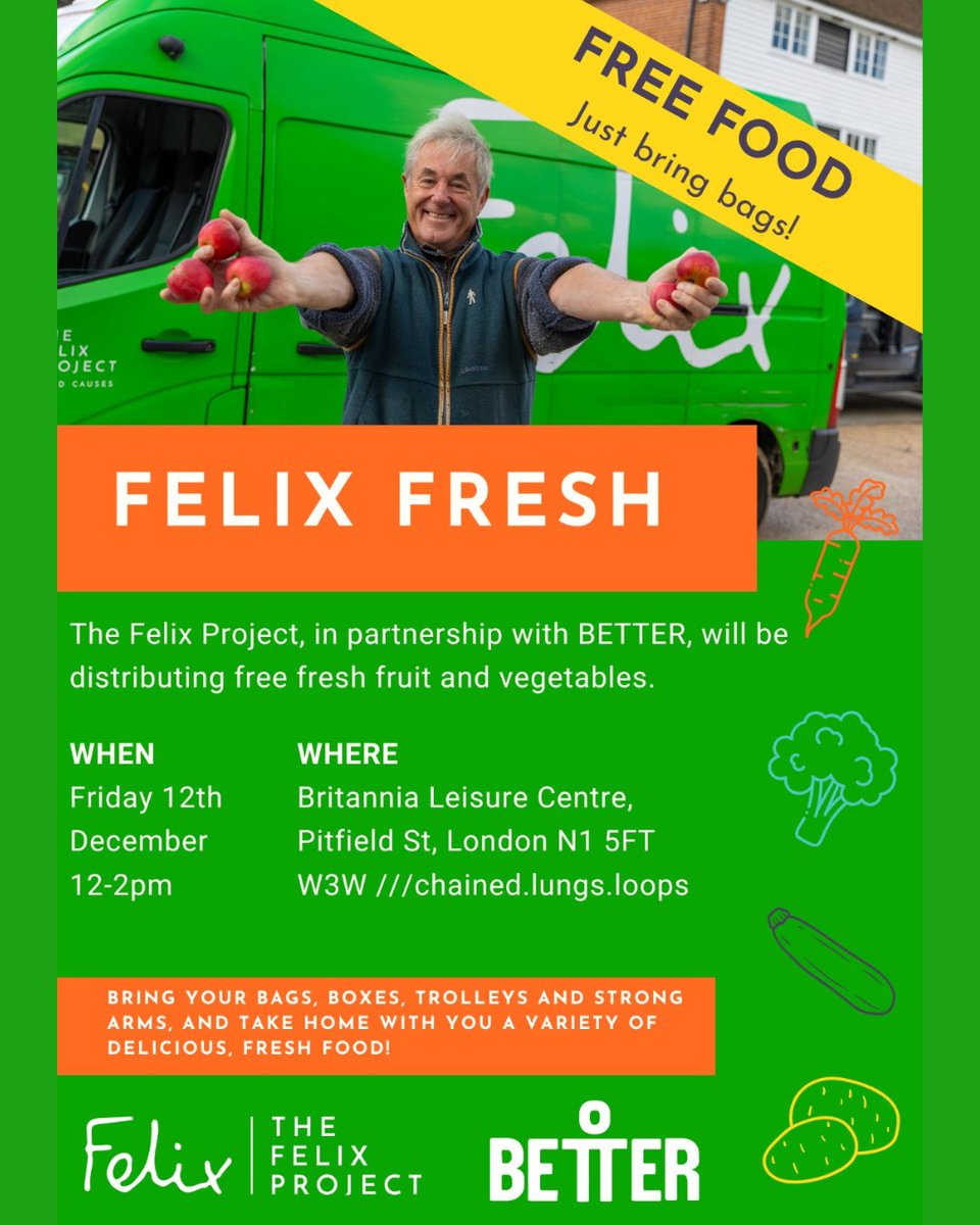 PeelClerkenwell's tweet image. Sharing this from @felixprojectuk, one of our community partners

The Felix Project, in partnership with BETTER, will be distributing free fresh fruit &amp;amp; vegetables on Fri 12 Dec 12-2pm at Britannia Leisure Centre, Pitfield Street, N1 5FT

Bring your bags!

#foodinsecurity