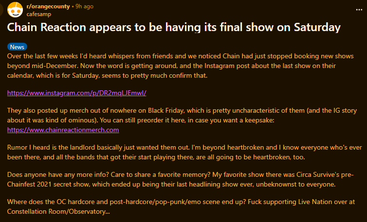 goldenmetalcore's tweet photo. This fucking sucks, fuck the landlord. Chain Reaction is historic and the last thing OC needs at this point is less places for the kids to go. https://t.co/CJB8800eud