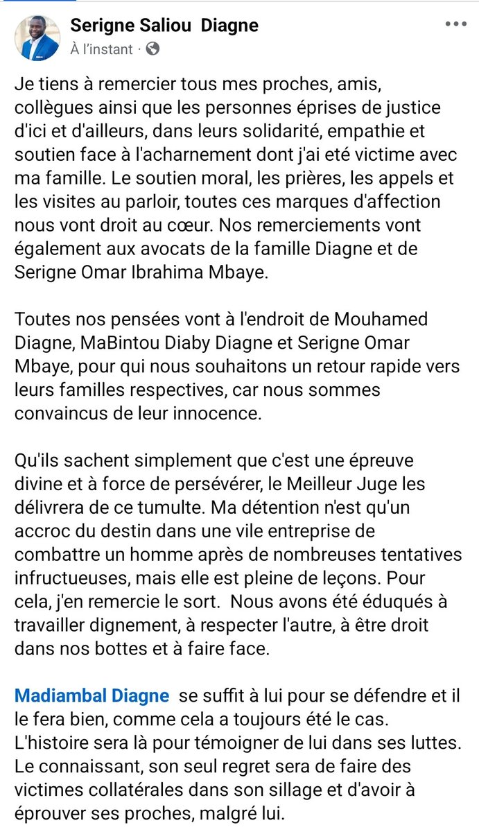 SSDiagne's tweet photo. Un message à tous les amis et soutiens, d'ici et d'ailleurs. #Senegal @MadiambalD @QuotidienSN https://t.co/hs5qFDobwb