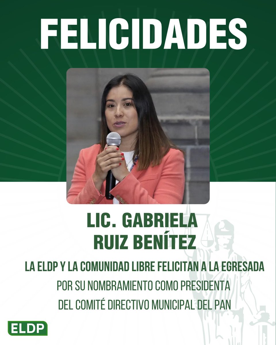 La Escuela Libre de Derecho de Puebla expresa sus más sinceras felicitaciones a su egresada, la Lic. <a href="/GabyRuiz_pue/">Gaby Ruiz</a>  por su reciente nombramiento como Presidenta del Comité Directivo Municipal del PAN.