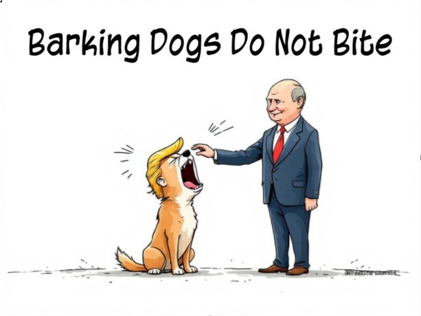 tonydebree's tweet photo. 'Barking Dogs Do Not Bite - Dog Trump With Boss Putin'. 

#warinukraine #peaceplan #trump #putin #geopolitics #peaceplan #ussanctions #uspolicy #usstrategy #surrenderplan #geopolitics #freeaicreators #freeaicartoonists @EandPCartoons @cartoonmovement @politico @globalcartoons https://t.co/SFAQrqAw7t