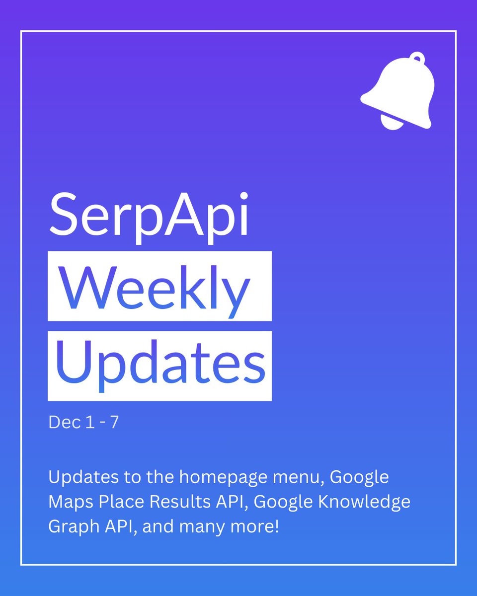 serpapi's tweet image. 🚀 Weekly Updates (Dec 1- Dec 7)

Updates to the homepage menu, Google Maps Place Results API, Google Knowledge Graph API, and many more!

For more details, review our weekly changelog blog post:
serpapi.com/blog/serpapi-w…

Check out the full list of updates in the link below 👇…