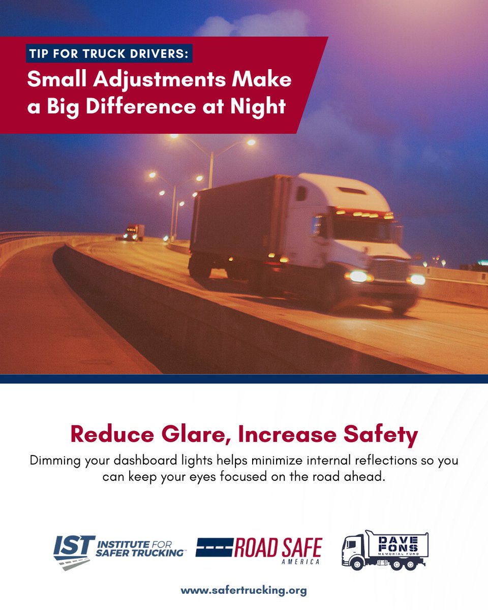 Night Driving Tip for Truckers: Bright dashboards can create glare that makes it harder to see the road.

Before your next nighttime haul, dim your dashboard lights to cut down reflections and keep your vision clear.

#SaferTrucking #TruckingTips #SaferRoads