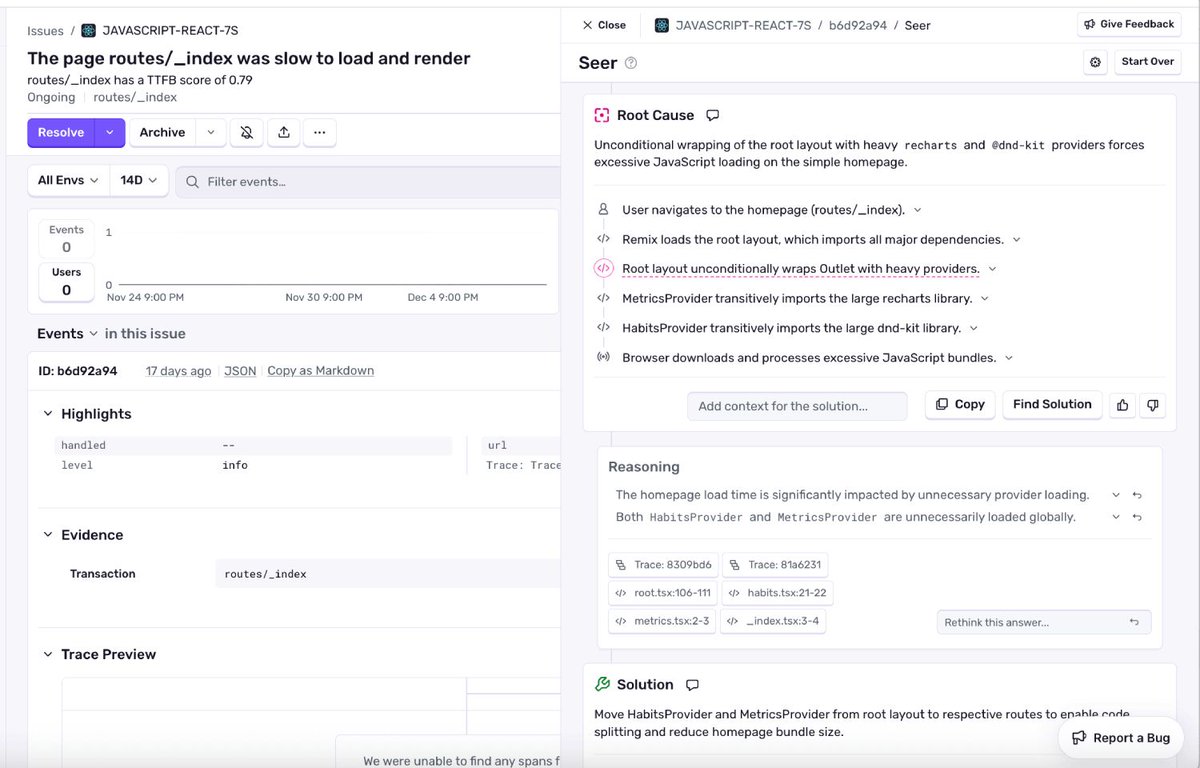 Sentry's tweet image. And now with Seer (our AI debugger), these issues won’t just warn you about a bad score, they’ll help you root cause and actually fix the underlying problem

Learn more and try it out for yourself here: blog.sentry.io/meet-web-vital…