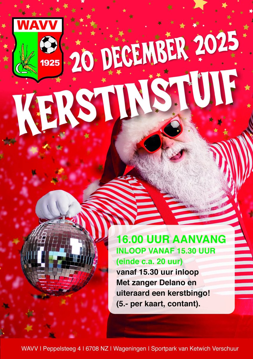 Nog één keer gezelligheid met elkaar, om het jaar goed af te sluiten: KERSTINSTUIF op zaterdag 20 december, van 16.00 (inloop 15.30 uur) tot ongeveer 20.00 uur. 
Vergeet niet € 5,-- contant mee te nemen voor de Kerstbingo!!