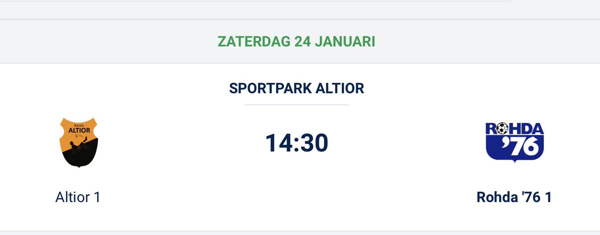 Met instemming van.beide clubs heeft de KNVB de wedstrijd Altior-Rohda’76 verplaatst van donderdag 11 december naar zaterdag 24 januari 2026. 
De inzet is de eerste periodetitel.