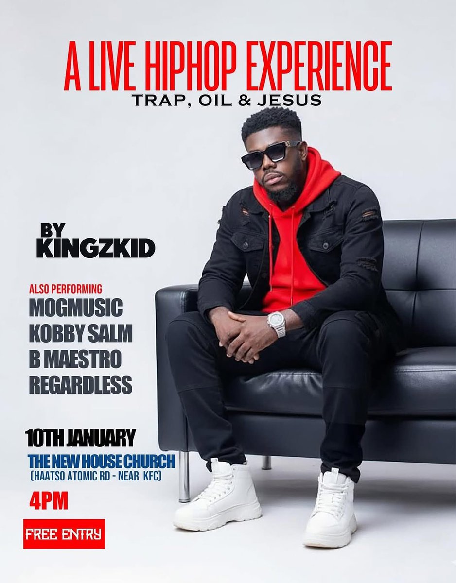 Get ready for A LIVE HIPHOP EXPERIENCE like no other. TRAP, OIL &amp; JESUS with the one and only <a href="/IamKingzkid/">KINGZKID</a> 

Also featuring performances by: <a href="/MOGmusic_/">MOGmusic</a> <a href="/KobbySalm/">THE ONE</a>, B Maestro &amp; <a href="/RegardlessDaYK/">Yung King®</a> 

Kindly see poster for more details
