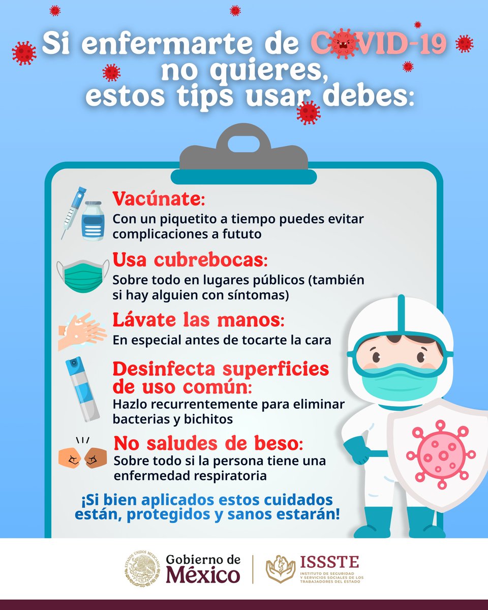 ISSSTE_mx's tweet image. No olvides que el COVID-19 aún nos acecha. 😷

Ya no será una amenaza como hace unos años ☣️, pero aún está entre nosotros. 🥶 La buena noticia es que podemos estar &quot;tranquis&quot; usando estas sencillas medidas de protección con las cuales el virus te hará lo que el viento a Juárez:…
