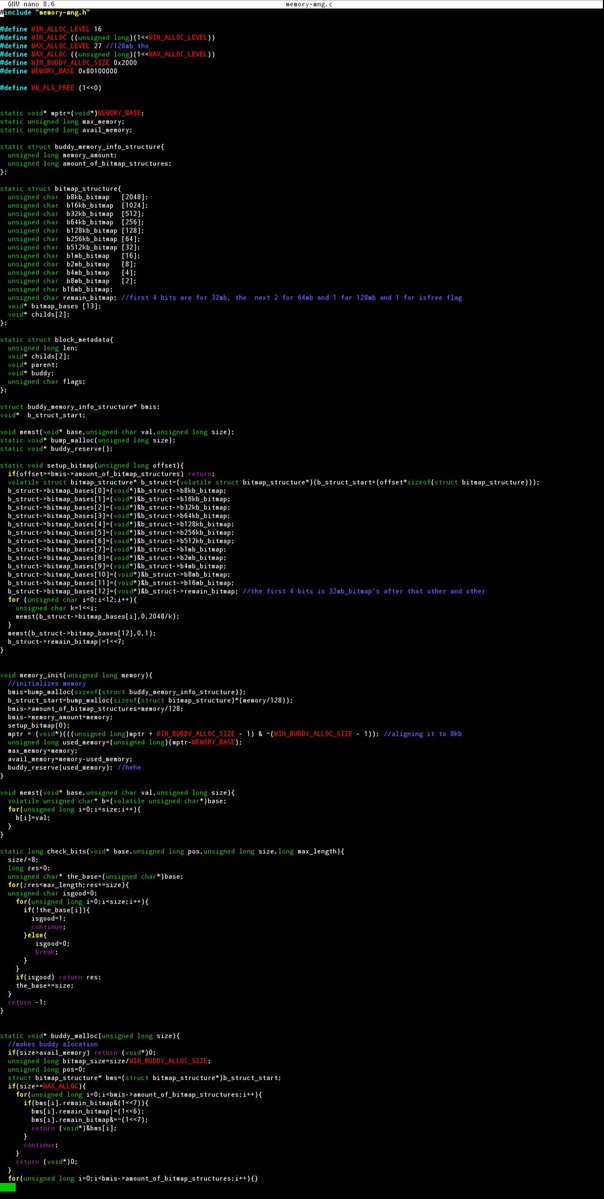 AR_official_25's tweet image. I FINALLY STARTED THE MEMORY ALLOCATOR
Taking the first real step toward PROJECT25 becoming a complete OS.
Started building the memory allocator: bump → buddy → slab.
Multi-level bitmaps, metadata, alignment…
The kernel finally gets its backbone.

 #RISCv #OSDev