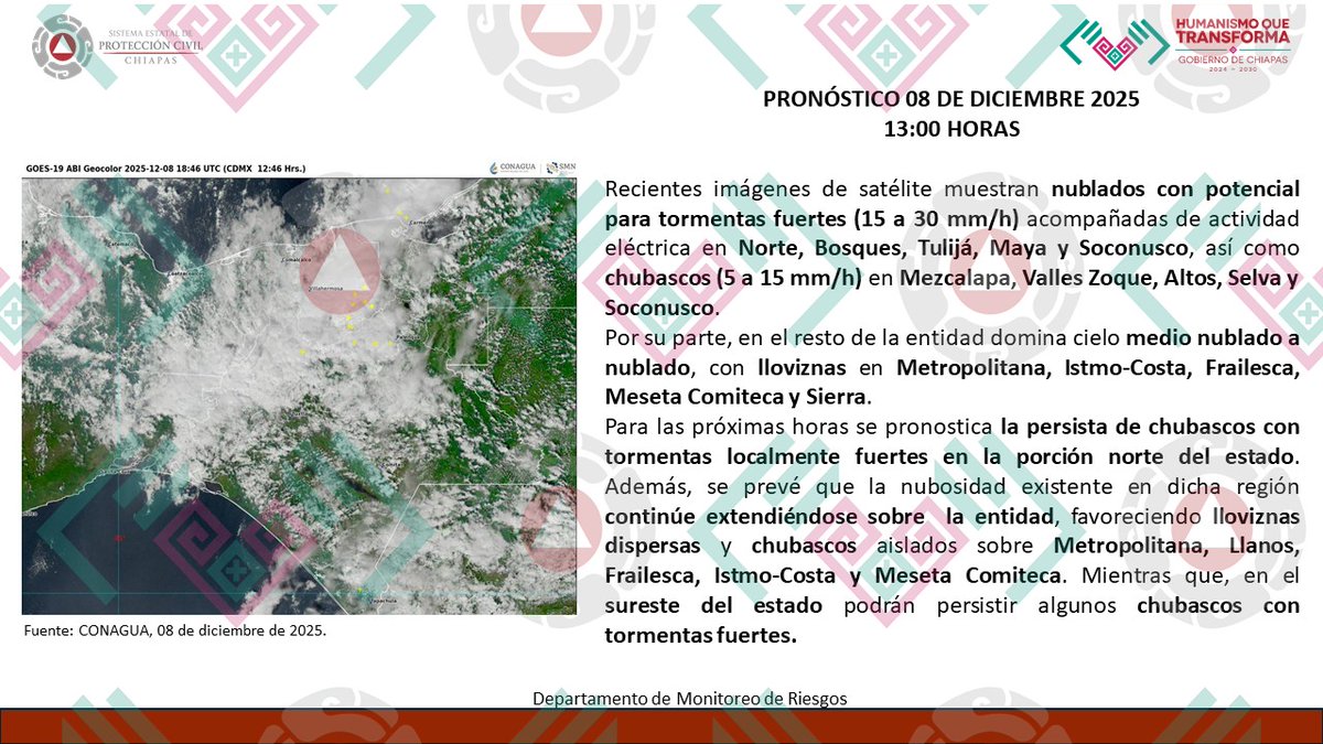 pcivilchiapas's tweet image. 🚨Atención regiones Norte, Bosques, Tulijá, Maya y Soconusco

⛈️Se esperan nublados con potencial para tormentas fuertes (15 a 30mm).

Se exhorta a extremar precauciones y seguir las indicaciones de Protección Civil.