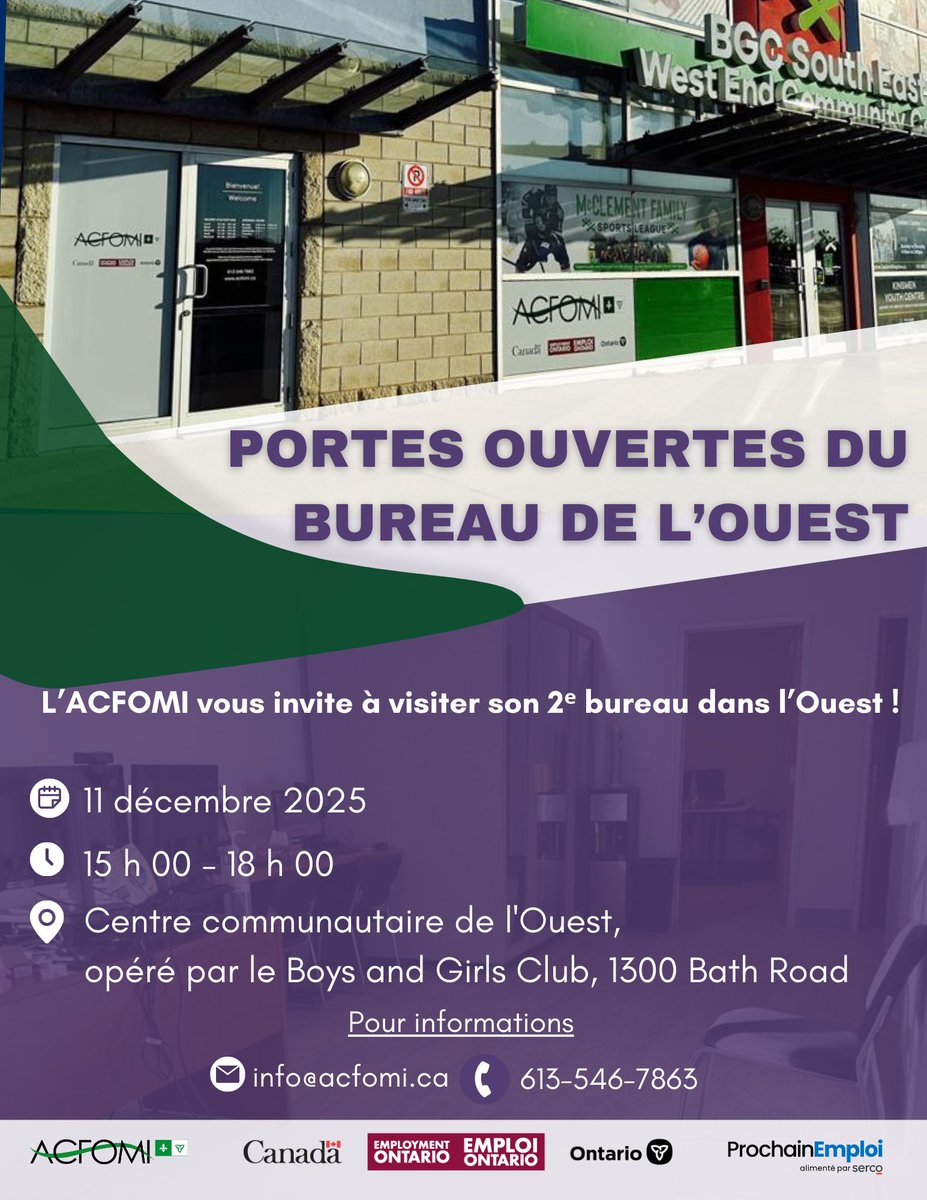Nous ouvrons nos nouveaux locaux et vous invitons à notre Journée portes ouvertes!

📅11 déc., 15h
📍1300 rue Bath, Kingston

Venez visiter nos installations, rencontrer notre équipe et découvrir nos services d’établissement, d’emploi et communautaires. Hâte de vous accueillir!