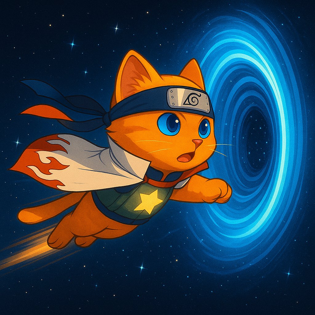 Hosico 고양이 밈 코인 마스코트가 우주 포털로 날아가며 USD1로의 유동성 마이그레이션을 상징하는 이미지