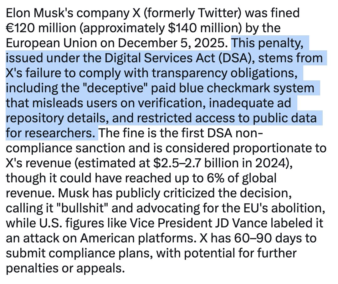 No os equivoquéis: Musk no es un defensor de la libertad de expresión. Intenta presionar a la UE por esta multa, que NO es censura: es por vender las verificaciones + poca transparencia. Y ataca diciendo “o retiráis la multa o inundo la red con propaganda anti-UE con mis voceros”
