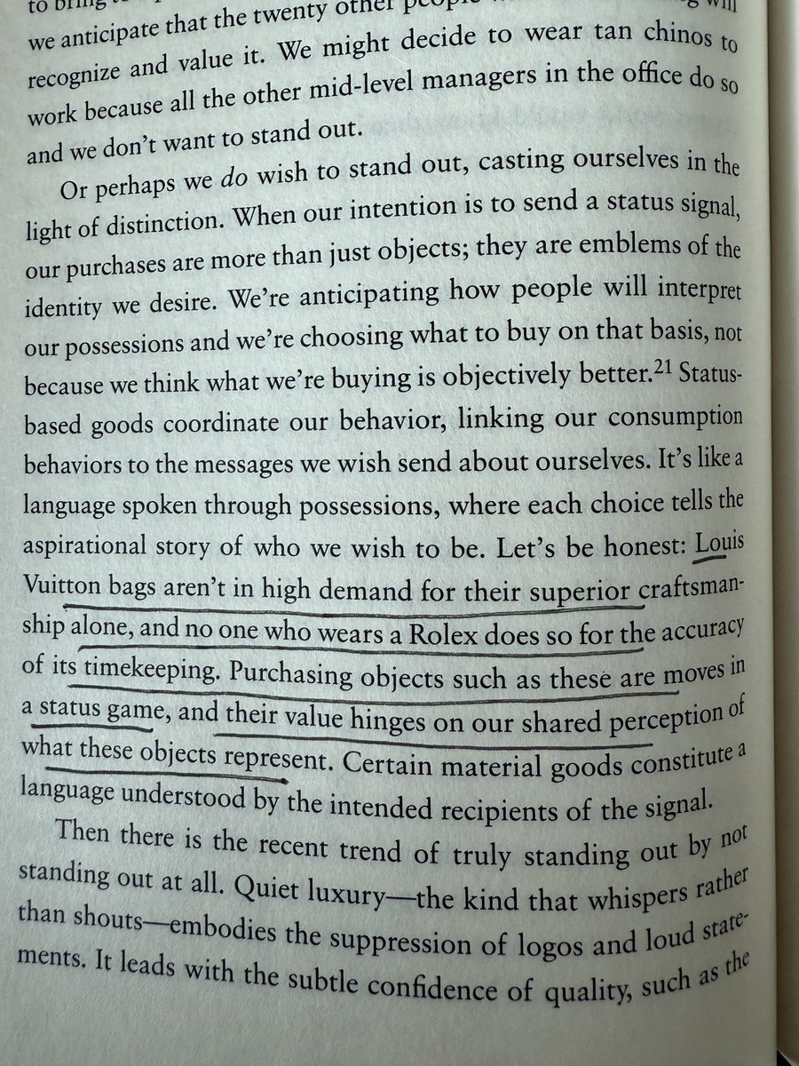 "Let's be honest: Louis Vuitton bags aren't in high demand for their superior craftsmanship alone, and no one who wears a Rolex does so for the accuracy of its timekeeping. Purchasing objects such as these are moves in a status game" a.co/d/d4oXdaz