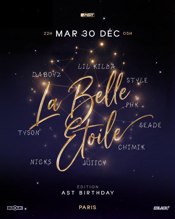 ✨ La Belle Etoile ed. AST BIRTHDAY ✨

On ne pouvait pas attendre le 31 décembre pour célébrer cette fin d’année 😌 

Soyez « Fresh and Clean » 🤩🧊
📍Rendez-vous au Mardi 30 décembre.
avec les meilleurs djs .🎶

Un seul mot d’ordre CONVIVIALITÉ ❤️