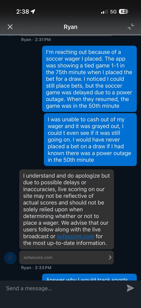 Coopersly6's tweet photo. @FanDuel_Support leave it to FanDuel to advertise a game as tied in the 75th minute, while the game is actually postponed due to a power outage in the 50th minute….and as a VIP, it’s about time I take my business elsewhere https://t.co/vftMDbobNx