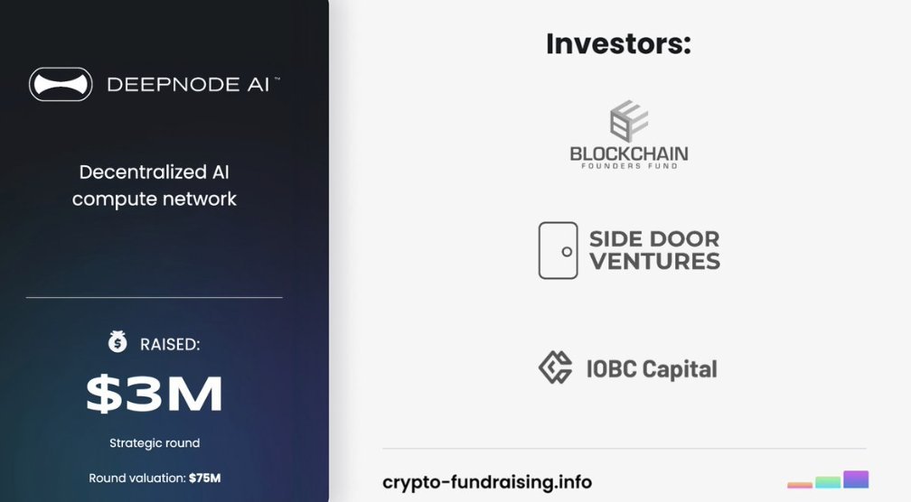 프로젝트 로고, 조달 금액, 투자자 및 밸류에이션 정보가 포함된 Deepnode AI 펀딩 발표 그래픽