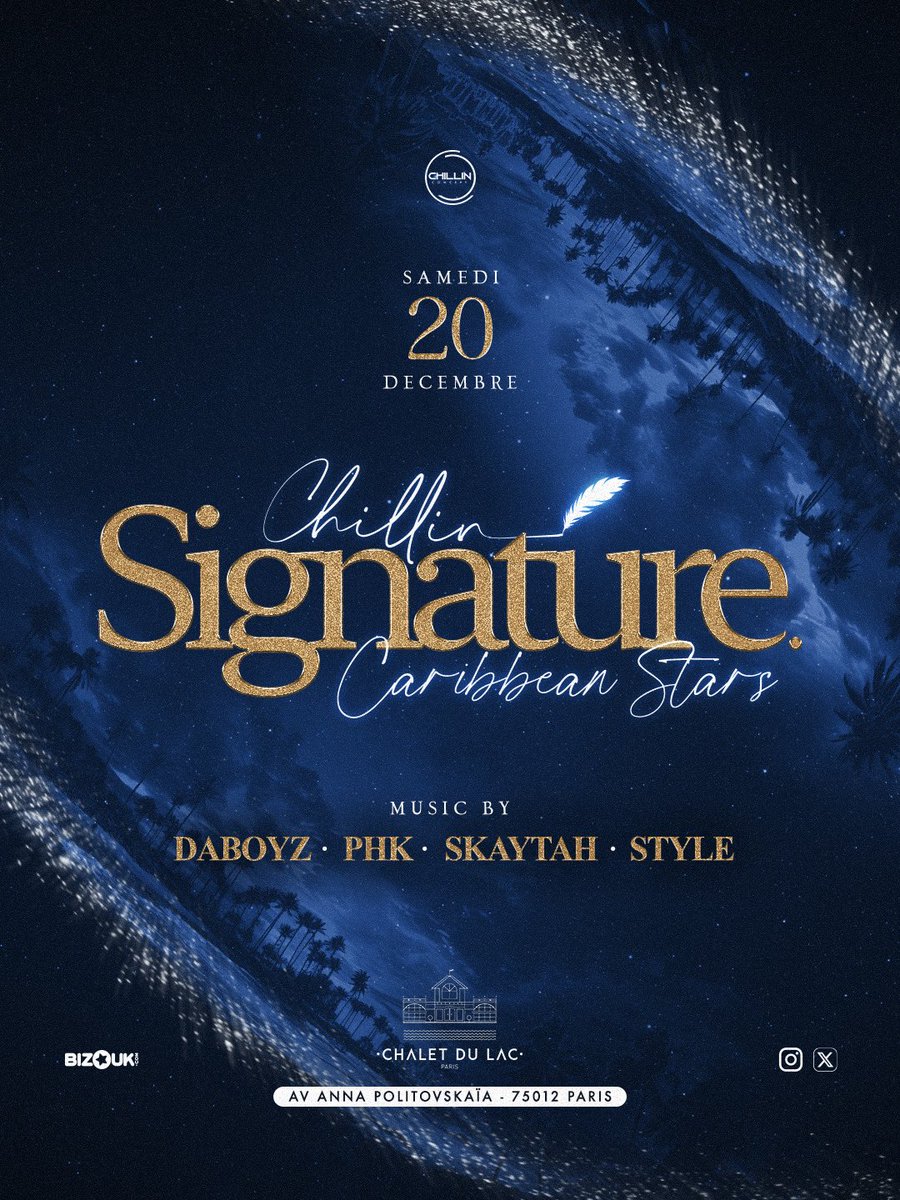 Chillinconcept's tweet image. C’est le rendez-vous de cette fin d’année, la Signature Caribbean Stars ✨

Classy, Glamour, Beaux vous serez 💠
De l’ambiance, de la joie, le plaisir de la fête il y aura 🤩

Chillin te réserve tout plein de belles surprises pour cette soirée 💫

my.bizouk.com/chillin-signat…