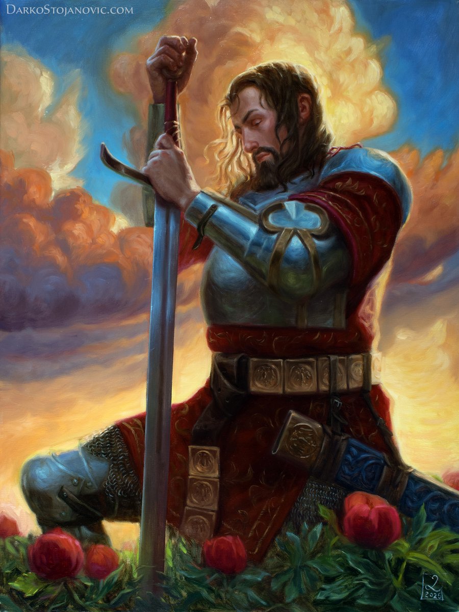 DarkoS_Art's tweet photo. ''Knight and peonies'', my new oil painting, oil on linen 60x80 cm. 
Available, please DM me if interested. 
I just love painting epic knight scenes and historical or mythical heroes. https://t.co/kAaDQy5gH0