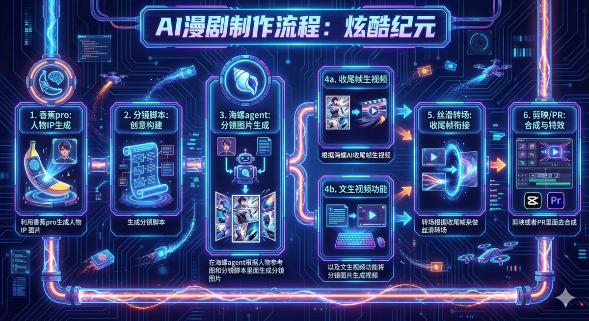 canghe's tweet photo. 一人手搓！AI 漫剧从0到1详细教程

最近看到 AI 漫剧超级火，尝试着来做下AI 漫剧工作流拆解。

先是学习方法，学习一个新的领域知识，我喜欢借助 AI，在公众号、youtube 上搜索 AI 漫剧，然后可以整理进 ima 或者 NotebookLM 中，利用 Deep Reasearch功能搜索高质量信息源。

制作工具和方法论，可以选择图片视频一体化平台，也可以各自选择，选择最适合自己的方式。

制作过程，整体思路其实包含两种不同的思路，一种是这样子的：

“思路一：
1、利用香蕉pro生成人物  IP 图片
2、生成分镜脚本
3、在海螺agent根据人物参考图和分镜脚本里面生成分镜图片
4、根据海螺AI首尾帧生视频以及文生视频功能将分镜图片生成视频
5、转场根据收尾帧来做丝滑转场
6、剪映或者PR里面去合成”

还有一种更暴力的就是这样子的：

“1、利用香蕉pro生成人物  IP 图片
2、生成人物场景图和需要的其他场景图
4、根据图片利用海螺AI首尾帧生视频
5、截取后一个视频的尾帧和上一个视频的首帧，生成过度转场视频
6、剪映或者PR里面去合成”

更详细的教程见评论区。