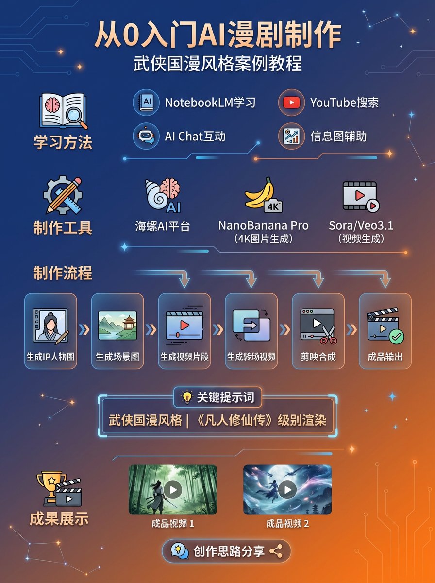 canghe's tweet photo. 一人手搓！AI 漫剧从0到1详细教程

最近看到 AI 漫剧超级火，尝试着来做下AI 漫剧工作流拆解。

先是学习方法，学习一个新的领域知识，我喜欢借助 AI，在公众号、youtube 上搜索 AI 漫剧，然后可以整理进 ima 或者 NotebookLM 中，利用 Deep Reasearch功能搜索高质量信息源。

制作工具和方法论，可以选择图片视频一体化平台，也可以各自选择，选择最适合自己的方式。

制作过程，整体思路其实包含两种不同的思路，一种是这样子的：

“思路一：
1、利用香蕉pro生成人物  IP 图片
2、生成分镜脚本
3、在海螺agent根据人物参考图和分镜脚本里面生成分镜图片
4、根据海螺AI首尾帧生视频以及文生视频功能将分镜图片生成视频
5、转场根据收尾帧来做丝滑转场
6、剪映或者PR里面去合成”

还有一种更暴力的就是这样子的：

“1、利用香蕉pro生成人物  IP 图片
2、生成人物场景图和需要的其他场景图
4、根据图片利用海螺AI首尾帧生视频
5、截取后一个视频的尾帧和上一个视频的首帧，生成过度转场视频
6、剪映或者PR里面去合成”

更详细的教程见评论区。