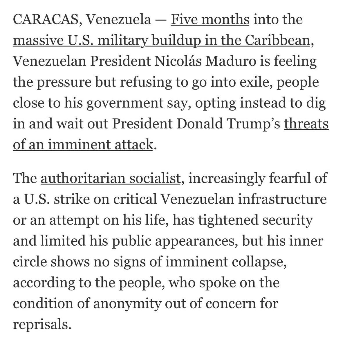 🚨| Washington Post:

Maduro está sintiendo la presión, pero su estrategia será aferrarse y esperar a que la ola de Trump pase.

Maduro ha reforzado su seguridad y reducido sus apariciones públicas.