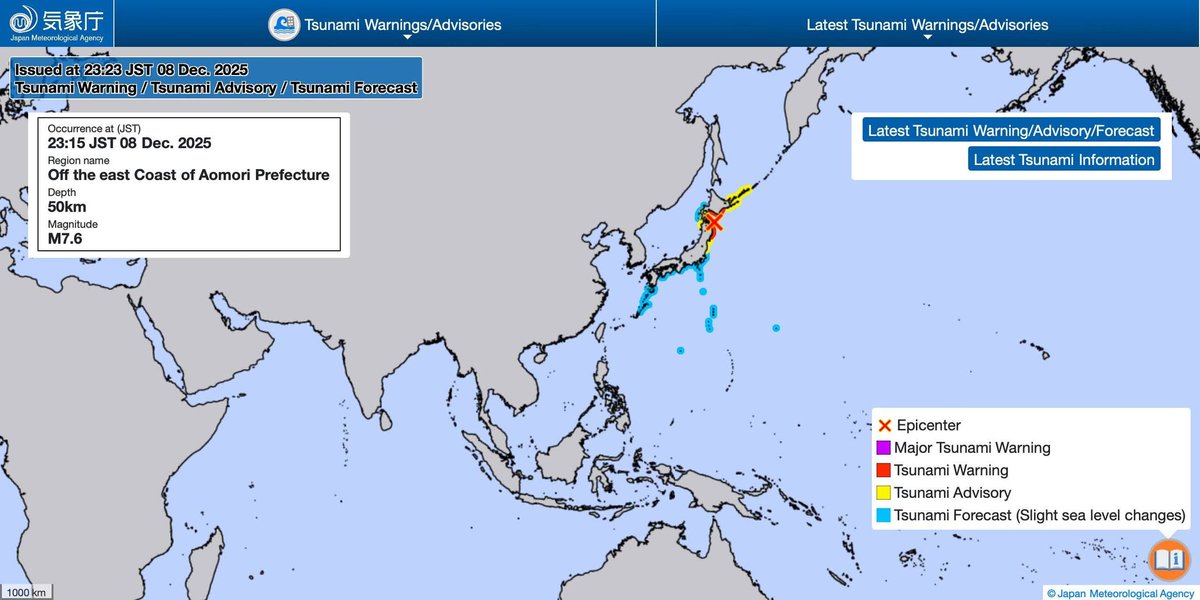Sismo ocorrido a 2025-12-08 às 14:15:11.1 UTC, Magnitude 7.6
Epicentro HOKKAIDO, JAPAN, 122 km ENE Aomori,  pop: 298,000,  81 km NNE Hachinohe. Hipocentro 47 km. Alerta de tsunami. Ondas sismicas P e Superficiais chegam ao sismómetro da Esc. Ferreira Dias. fontes EMSC, JMA