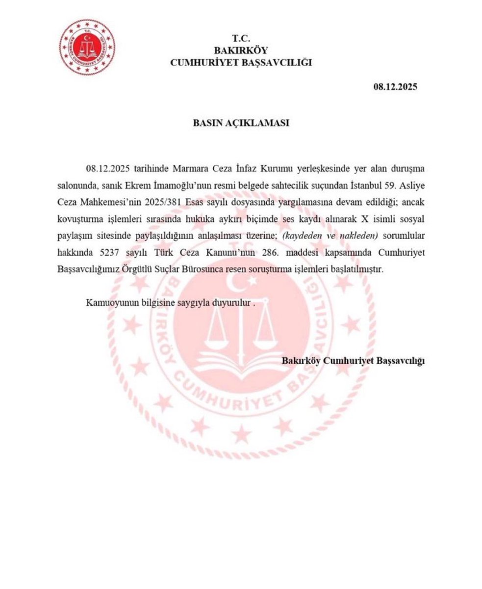 #SonDakika 
İmamoğlu davasında ses kaydı alan ve paylaşanlar hakkında soruşturma başlatıldı.