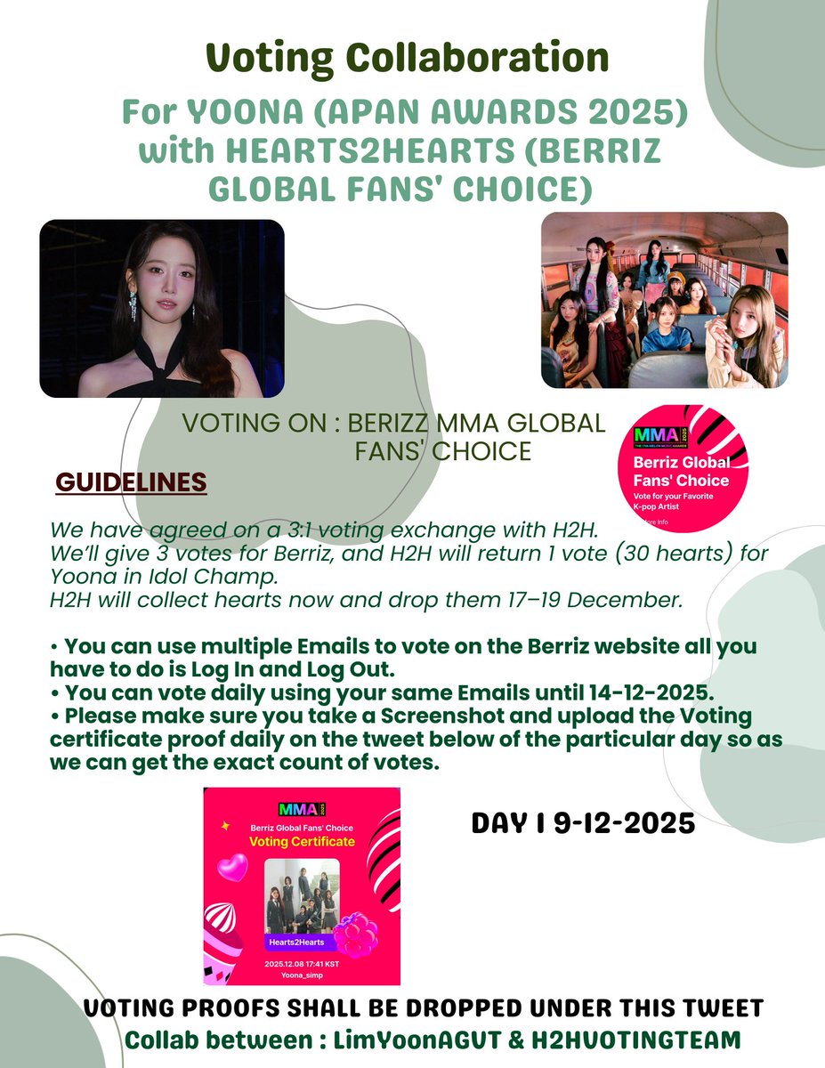 LimYoonaGVT's tweet photo. 🚨VOTING COLLAB WITH @H2HVOTINGTEAM 🚨

✅ Vote H2H on BERRIZ MMA GLOBAL FANS' CHOICE
In return they will drop ❤️ for YOONA on APAN 2025 from 17th - 19th Dec.
VOTE HERE: https://t.co/VaUnAkfc3K
3 Votes (Berriz) = 1 Vote (30❤️)

Proof DAY 1, Guide 🔻
#YoonA #Hearts2Hearts #윤아 https://t.co/wnzmlaNo6P
