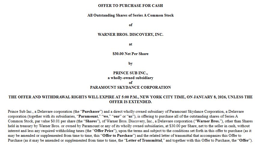 robchamo's tweet image. 🚨 La mayor guerra corporativa de Hollywood acaba de empezar

Lo que ha ocurrido hoy es histórico.

Paramount Skydance acaba de lanzar una OPA hostil en efectivo para comprar Warner Bros. Discovery a 30 dólares por acción. 

Y no es una oferta cualquiera hablamos de una operación…