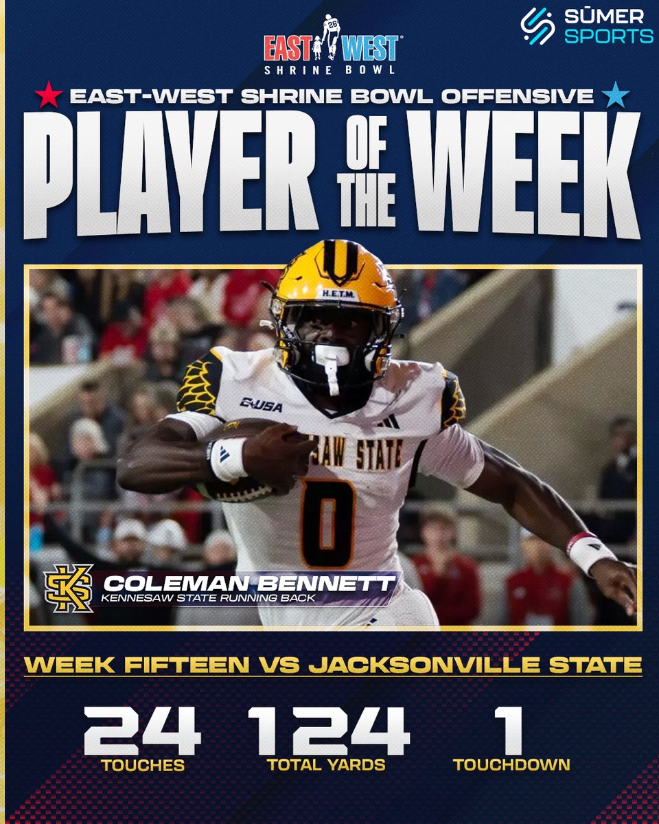 East-West Shrine Bowl Offensive Player of the Week

💫 Coleman Bennett (<a href="/ColemanBennett_/">CB</a>), <a href="/kennesawstfb/">Kennesaw State Football</a>

#ShrineBowlWHOSNEXT