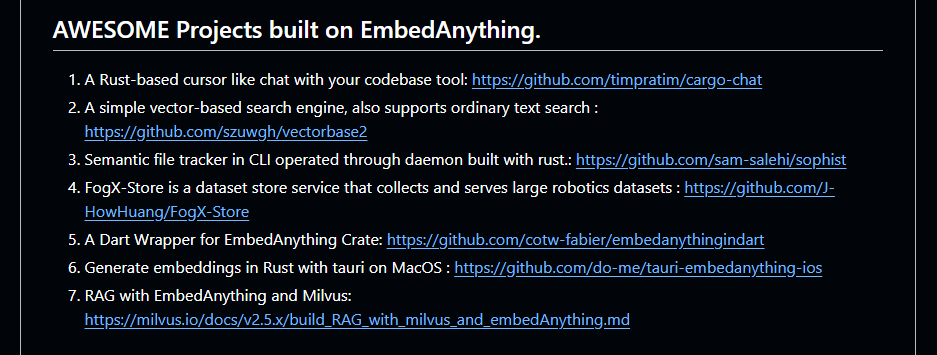 sonam_pankaj_'s tweet photo. AWESOME PROJECTS BUILT ON EMBEDANYTHING
This was in my mind for a long time, just watching the sheer creativity with #embedanything🦀 makes me really happy
Cursor-like chat with your codebase tool, by @BhosalePratim
RAG with Milvus by @milvusio
Semantic file tracker
Let's go https://t.co/gvMC9NLr06