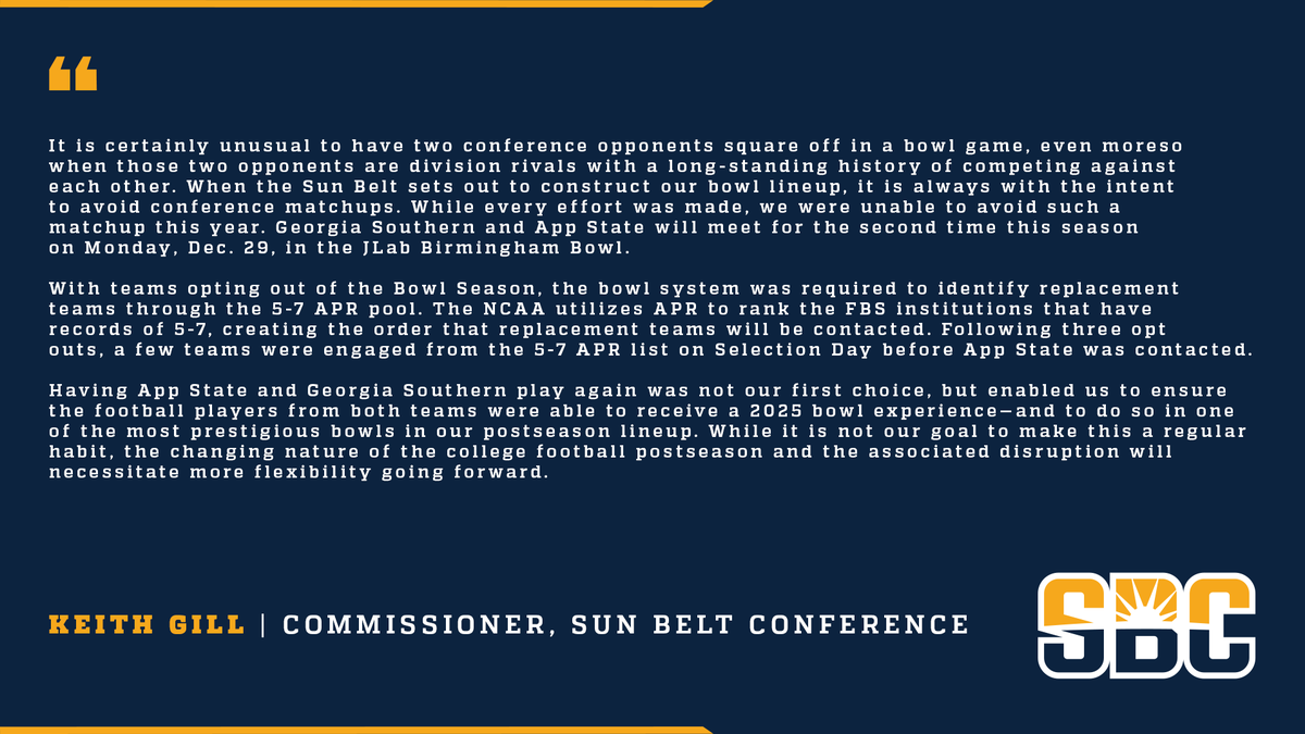 𝗦𝗨𝗡 𝗕𝗘𝗟𝗧 𝗦𝗧𝗔𝗧𝗘𝗠𝗘𝗡𝗧.

Statement from Commissioner Gill on JLab Birmingham Bowl. ☀️🏈

📰 » sunbelt.me/48BpxrC