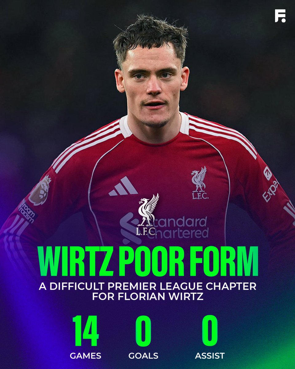 Footballcombet's tweet photo. A challenging Premier League chapter for Florian Wirtz. 😥 14 games played, but still searching for his first goal or assist. 😓

When will he turn this form around?

#Wirtz #PoorForm #Liverpool #LFC #PremierLeague #EPL #FootballStruggles https://t.co/guUpfYrZgR