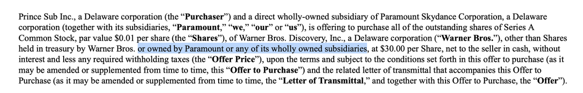 How many shares of $WBD does $PSKY already own? 

Buy up the shares and vote them in your favor. That's one way to tilt the odds.

"other than Shares held in treasury by Warner Bros. or owned by Paramount or any of its wholly owned subsidiaries, at $30.00 per Share"