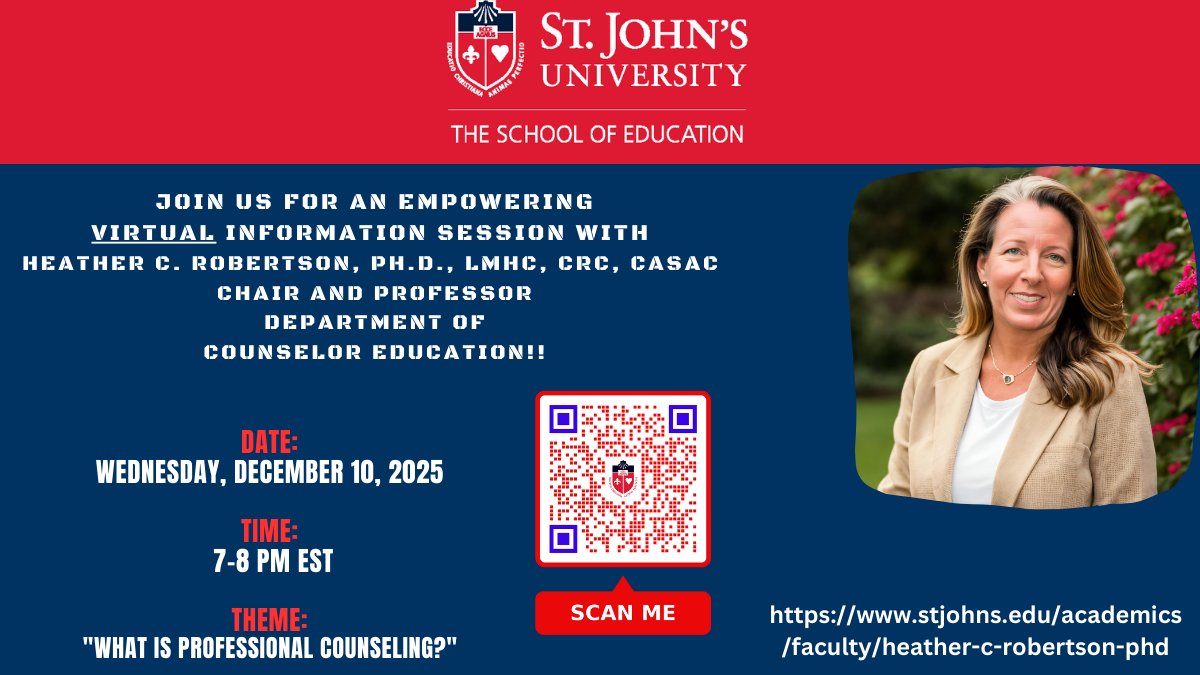 Join us on Wednesday (12/10) at 7:00pm for a VIRTUAL information session on “What is Professional Counseling?” with Dr. Heather C. Robertson! <a href="/StJohnsU/">St. John's University</a>
REGISTER NOW
👇👇👇👇👇
conta.cc/48ZjOxa
#SJUSOE 
#SJUElevates
#Counseling