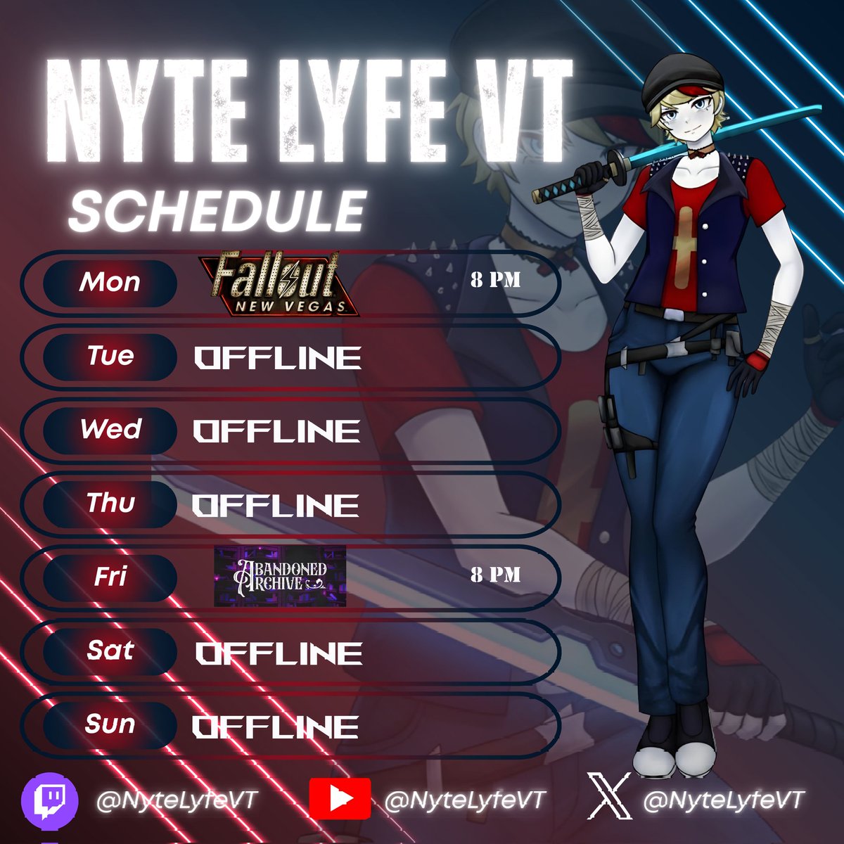 Schedule this week. Going to try hard to stick to it.

As always, card subject to change, all times CST.

Schedule art by <a href="/ShehrozKhan1404/">Shehroz Khan</a>

#NyteLyve #ENVtuber